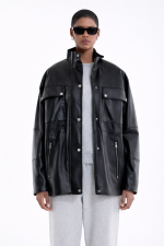 Black oversize leather jacket with patch pockets - Image 2