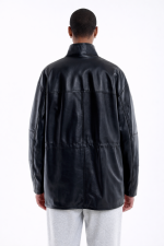 Black oversize leather jacket with patch pockets - Image 3